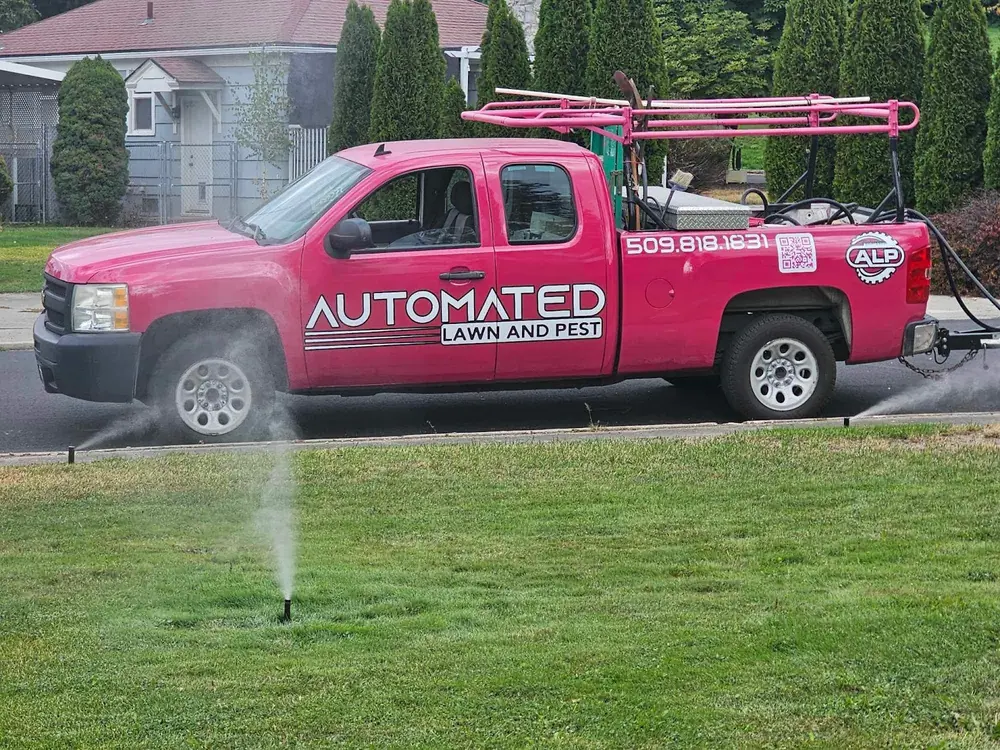 Pink Automated Lawn and Pest pickup parked behind a running pop-up sprinkler head